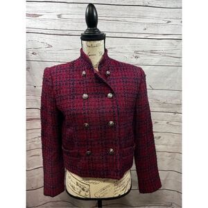 Anne Klein Women's Size 6 Double Breasted‎ Tweed Blazer Jacket Burgundy Plaid